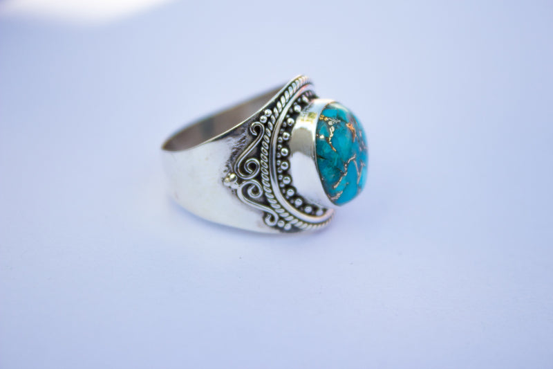 Anillo turquesa, anillo de plata esterlina turquesa cobre azul, anillo de banda ancha, anillo hecho a mano, anillo Boho AR-1142