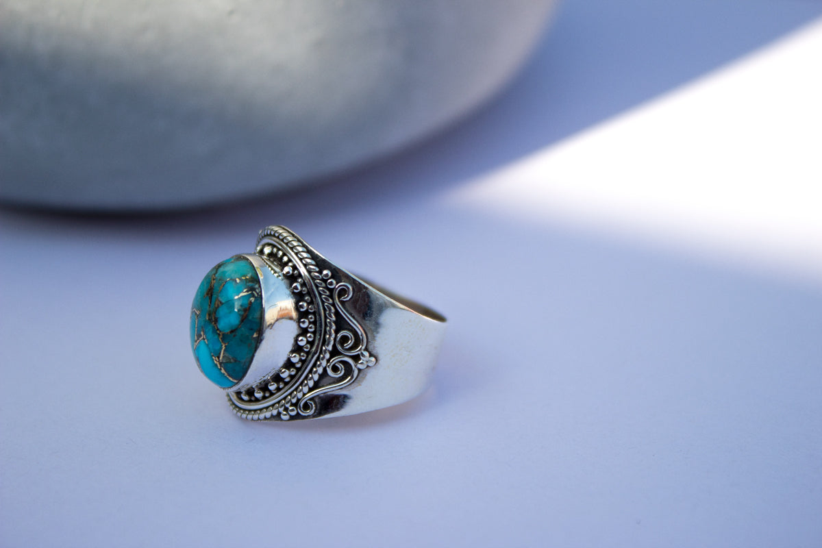 Turquoise Ring, Blue Copper Turquoise Sterling Silver Ring, Wide Band Ring, Handmade Ring, Boho Ring AR-1142