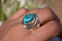 Turquoise Ring, Blue Copper Turquoise Sterling Silver Ring, Wide Band Ring, Handmade Ring, Boho Ring AR-1142