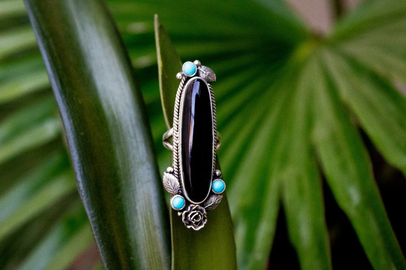 Black Onyx and Sleeping Beauty Ring with Roses AR-3005 - Its Ambra