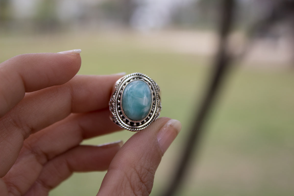 Bague Larimar large bande, bague faite à la main AR-1179