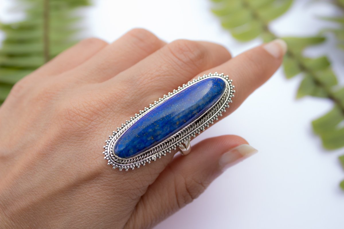 Handcrafted Long Lapis Lazuli Sterling Silver Ring, AR-1077 - Its Ambra