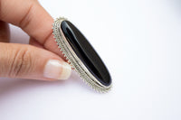 Long Oval Black Onyx Gemstone Ring, Bohemian Style Black Stone Ring, AR-1031