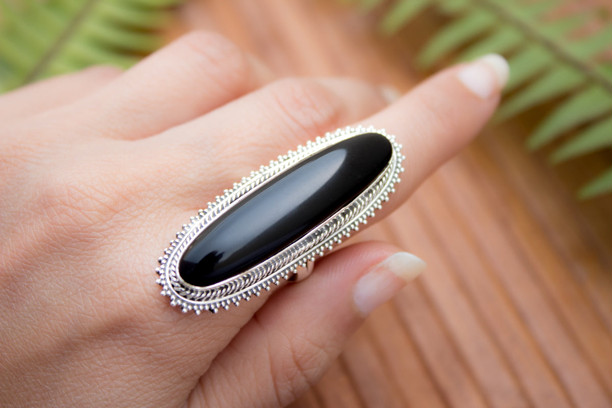 Long Oval Black Onyx Gemstone Ring, Bohemian Style Black Stone