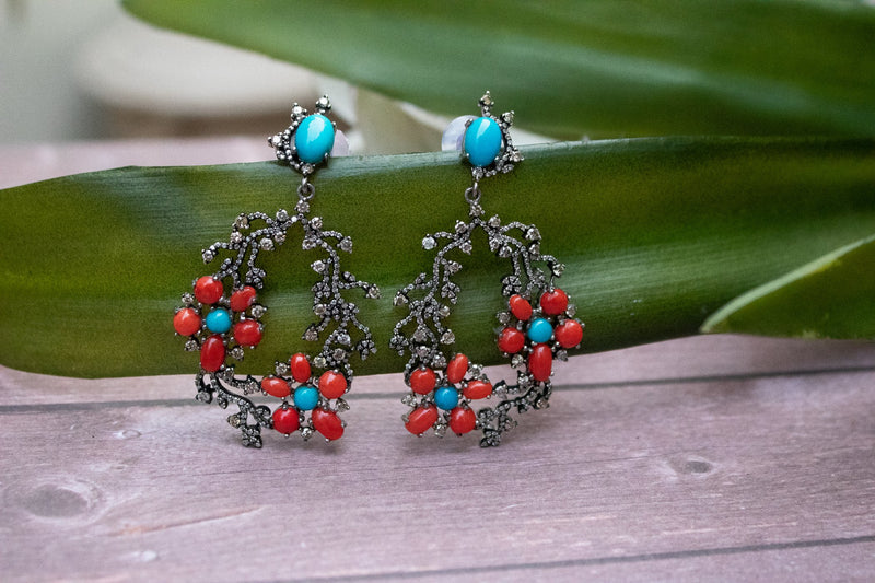 Studded Turquoise, Coral and Diamond Earrings AE-1237 - Its Ambra