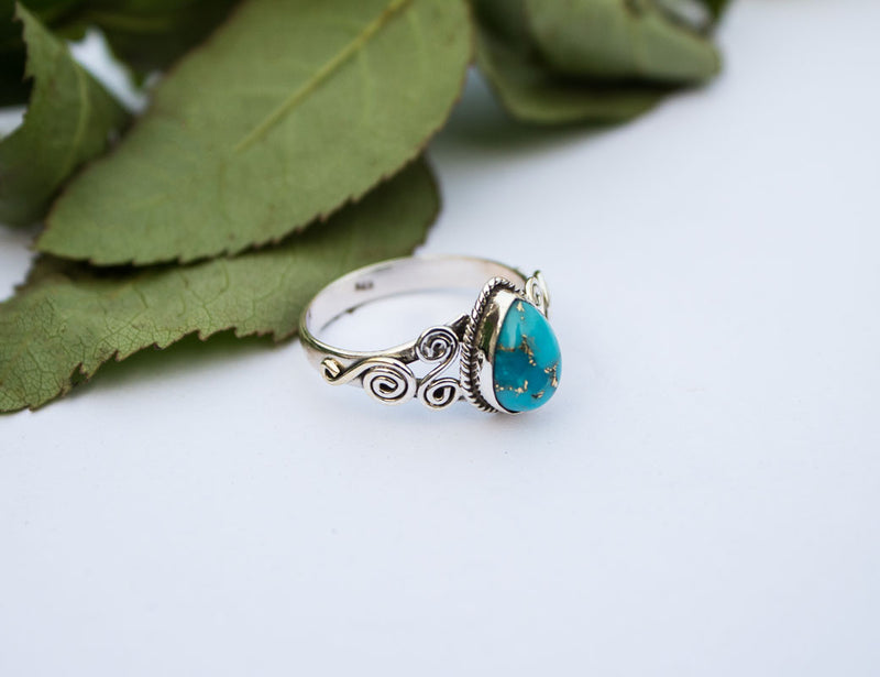 Anillo de plata esterlina turquesa de cobre azul en forma de pera, anillo turquesa, anillo hecho a mano, anillo bohemio, anillo bohemio AR-1086