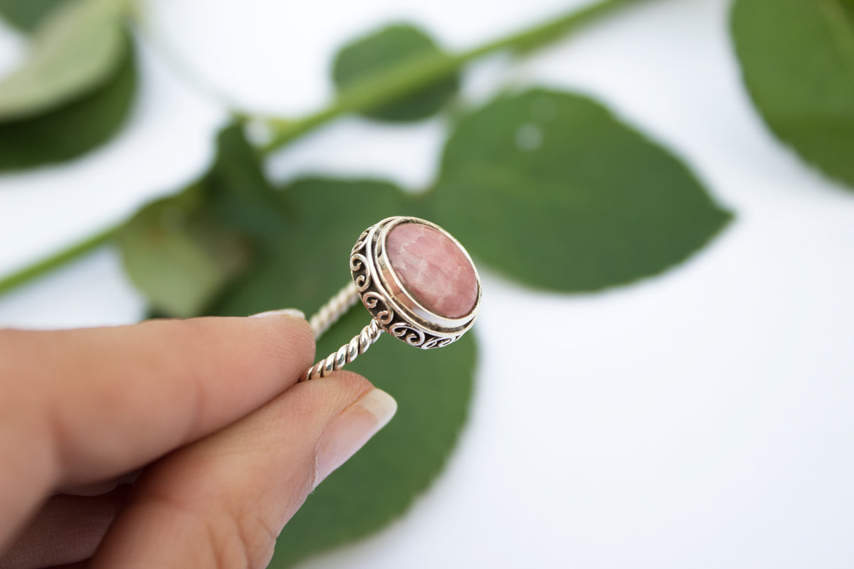 Rhodochrosite Ring, Natural Pale Pink Stone Ring, Rhodochrosite Sterling Silver Ring, Handmade Ring, Boho Ring, Bohemian Ring, Rhodochrosite Jewelry AR-1243