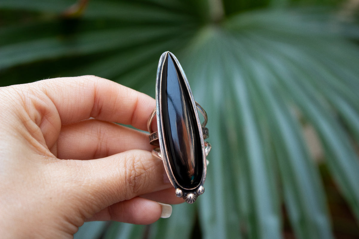 Pear Shape Black Onyx Gemstone Sterling Silver Ring SKU 6027