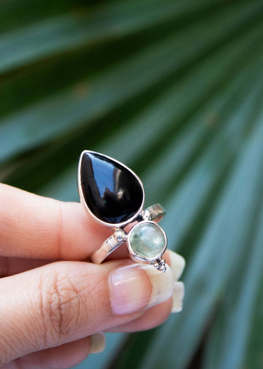Black Onyx & Prehnite Ring, Split Band Two Stone Gemstone SKU 6017