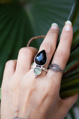 Black Onyx & Prehnite Ring, Split Band Two Stone Gemstone SKU 6017