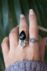 Black Onyx & Prehnite Ring, Split Band Two Stone Gemstone SKU 6017