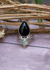 Black Onyx & Prehnite Ring, Split Band Two Stone Gemstone SKU 6017