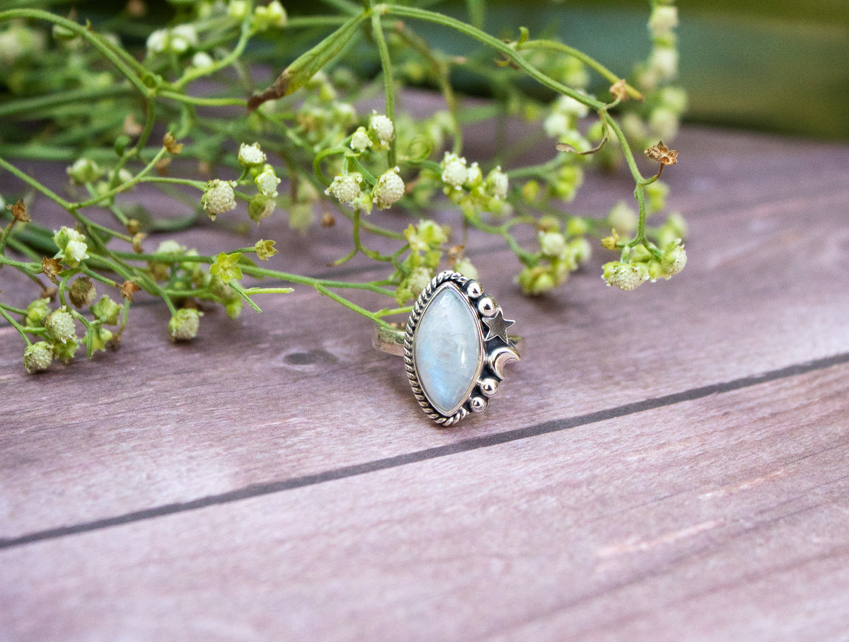Marquise shape Moonstone Crescent Moon Ring, AR-3024