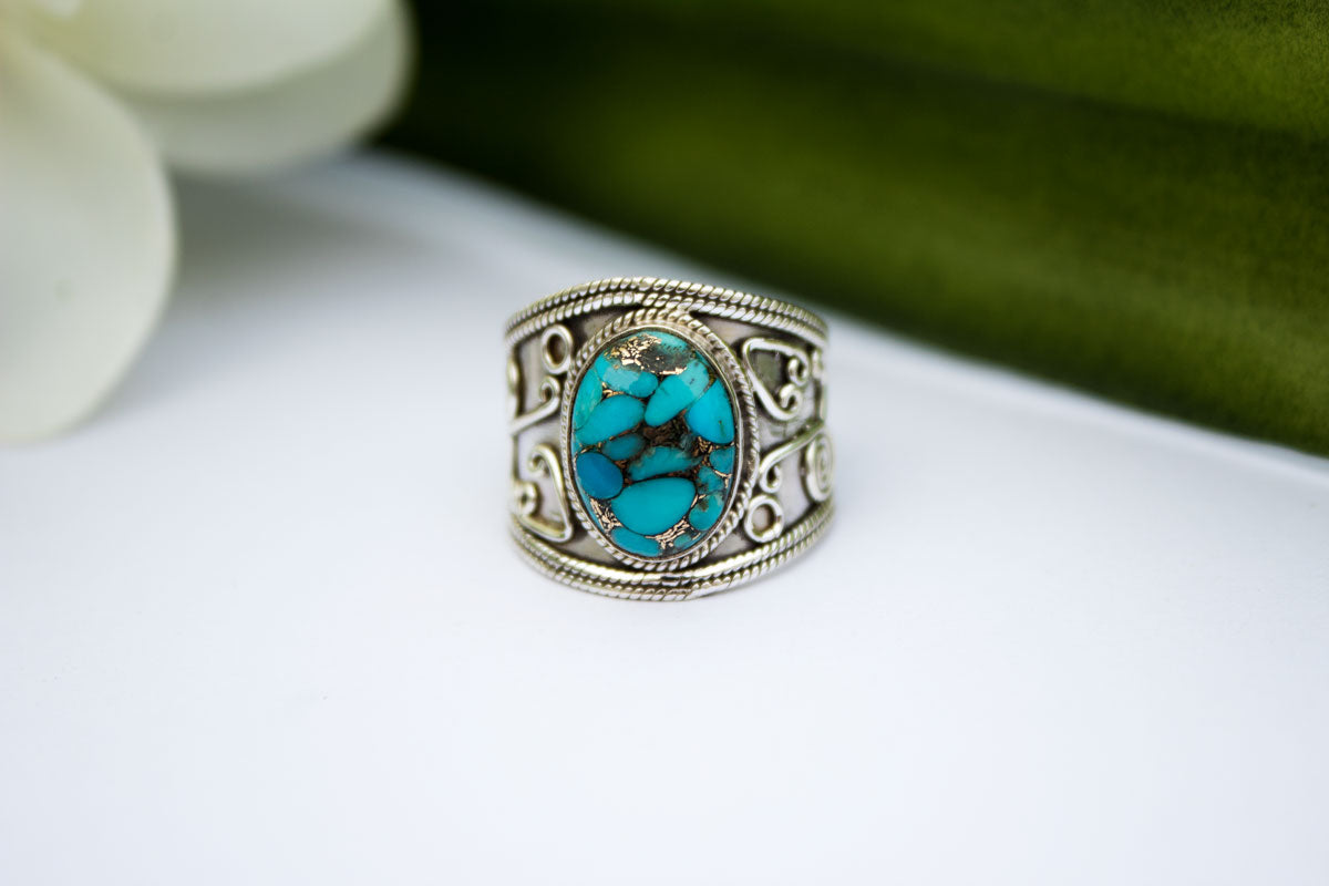 Anillo turquesa, anillo de plata esterlina turquesa cobre azul, anillo de banda ancha, anillo hecho a mano, anillo Boho AR-1140