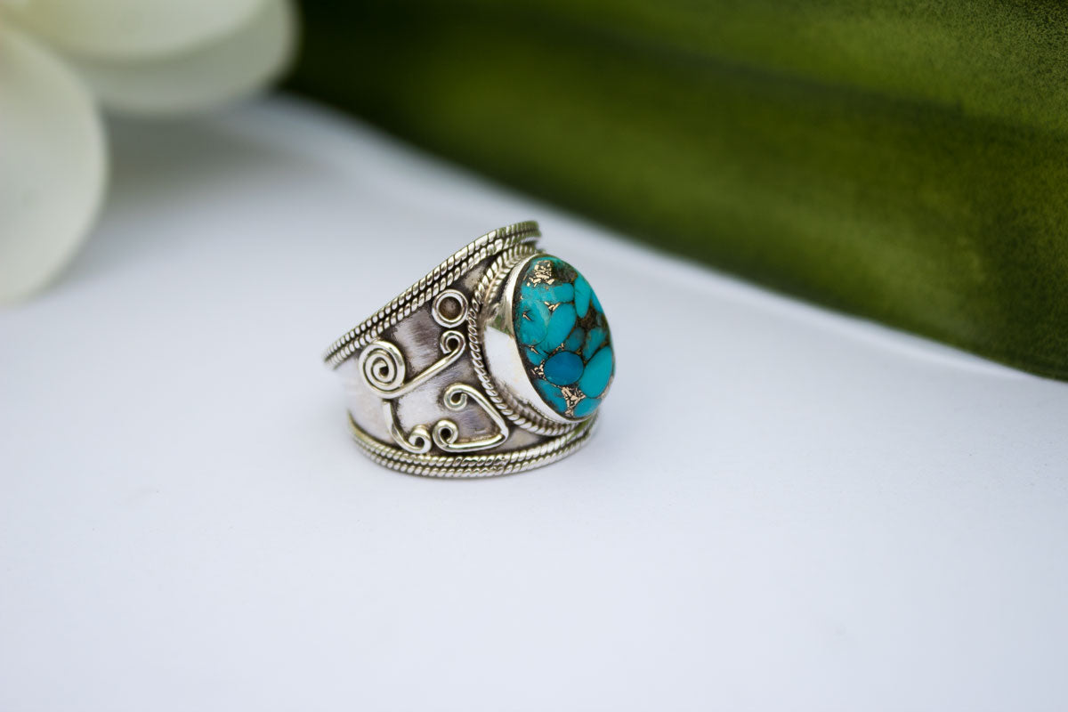 Anillo turquesa, anillo de plata esterlina turquesa cobre azul, anillo de banda ancha, anillo hecho a mano, anillo Boho AR-1140