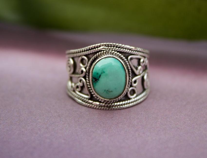Anillo turquesa natural, anillo de plata esterlina turquesa, anillo de banda ancha, Boho, anillo hecho a mano, joyería turquesa AR-1085