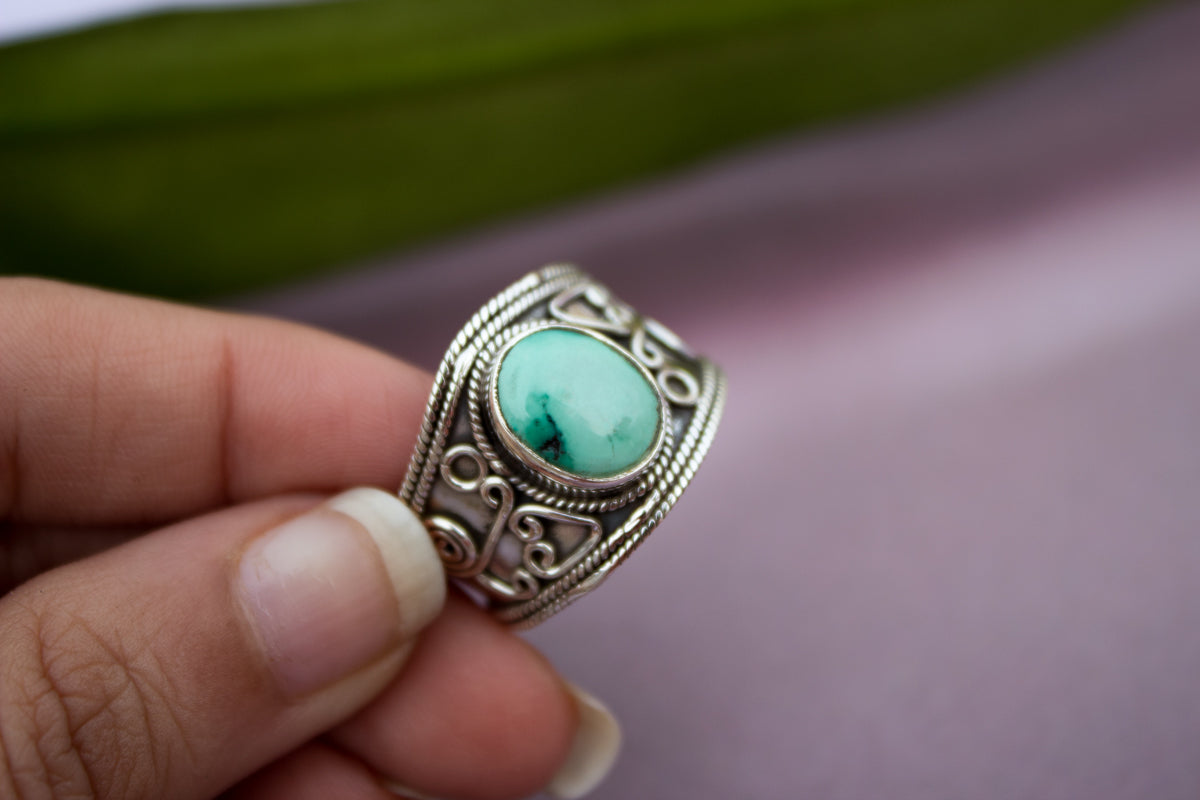 Natural Turquoise Ring, Turquoise Sterling Silver Ring, Wide Band Ring, Boho, Handmade Ring, Turquoise Jewelry AR-1085