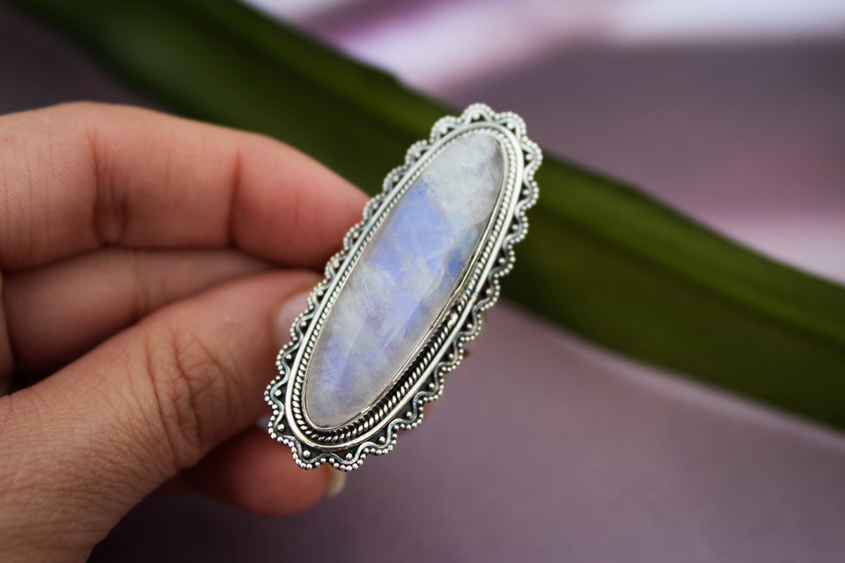 Long Moonstone Gemstone 925 Sterling Silver Ring, Statement Jewelry AR-1071