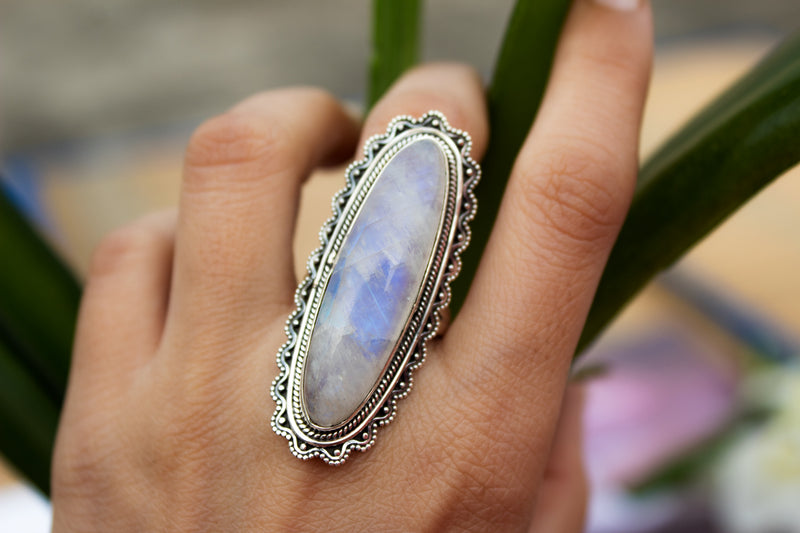 Long Moonstone Gemstone 925 Sterling Silver Ring, Statement Jewelry AR-1071