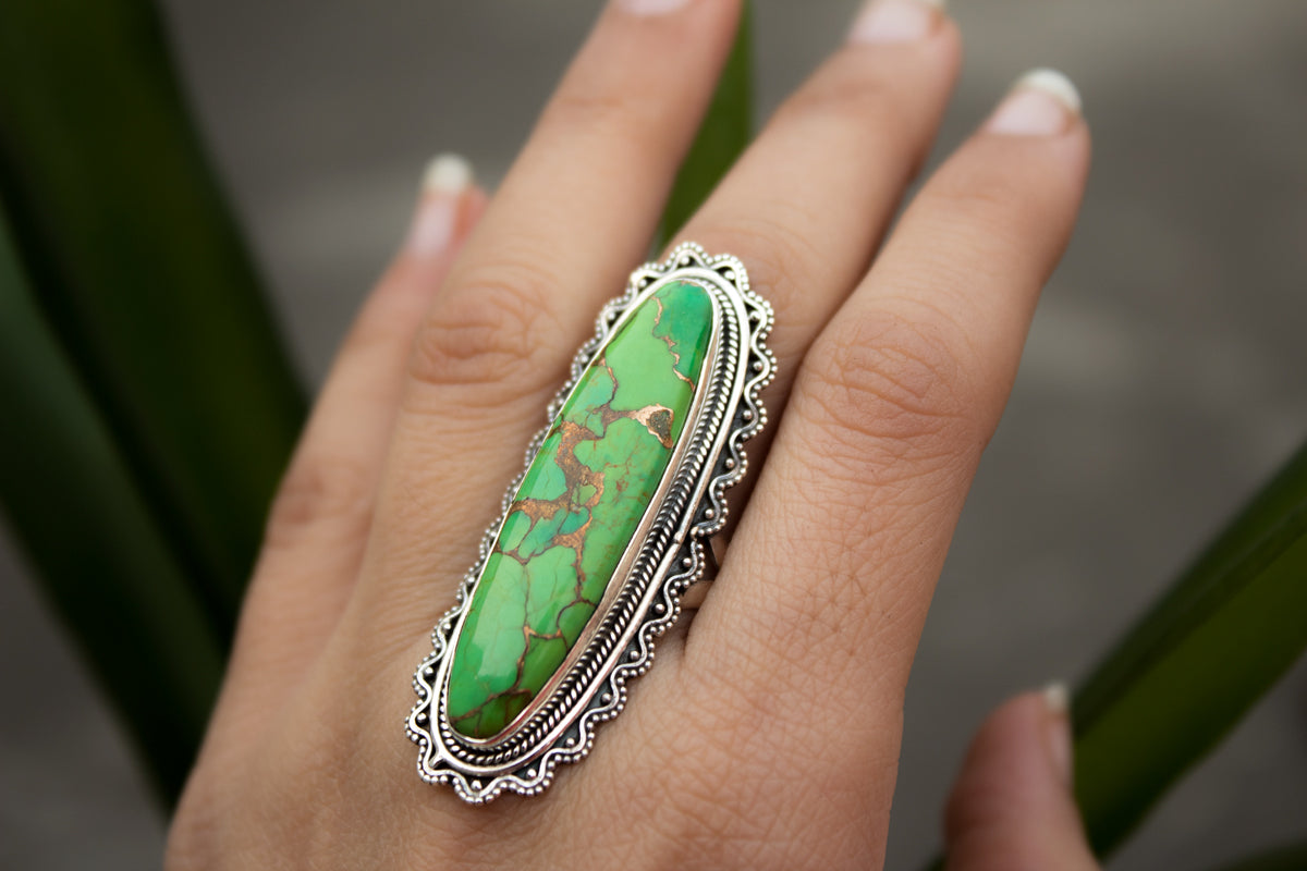 Anillo turquesa, anillo de plata esterlina turquesa cobre verde, anillo turquesa Mohave, anillo hecho a mano, joyería turquesa, anillo Boho, anillo bohemio AR-1141