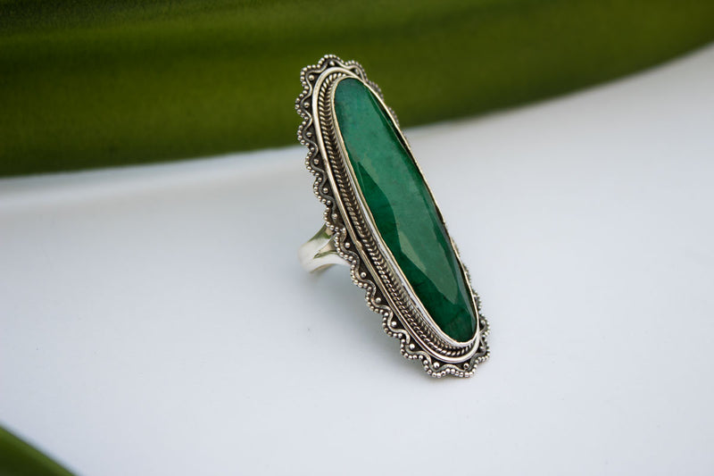 Long Oval Emerald Gemstone Sterling Silver Ring, Southwestern style, AR-1133
