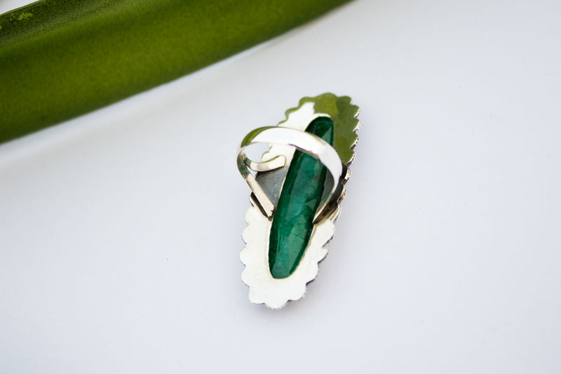 Long Oval Emerald Gemstone Sterling Silver Ring, Southwestern style, AR-1133