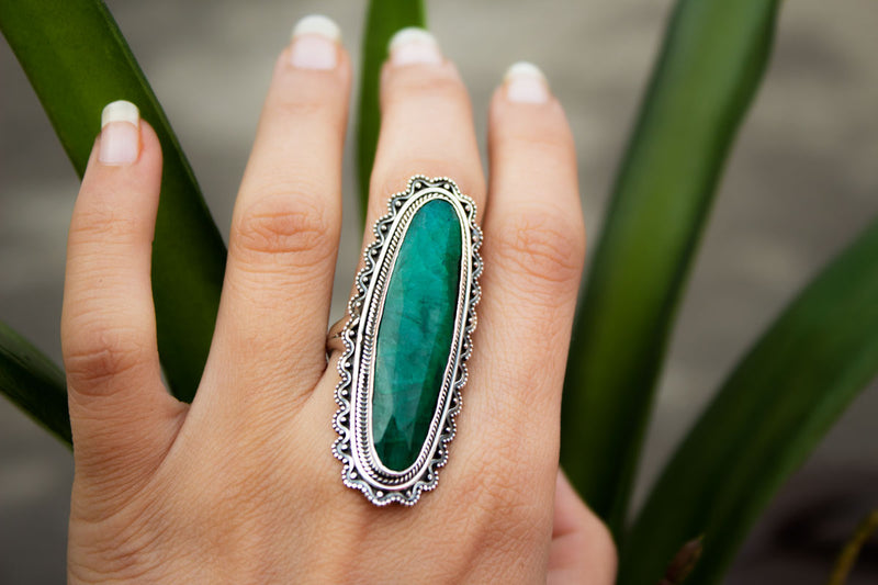 Long Oval Emerald Gemstone Sterling Silver Ring, Southwestern style, AR-1133