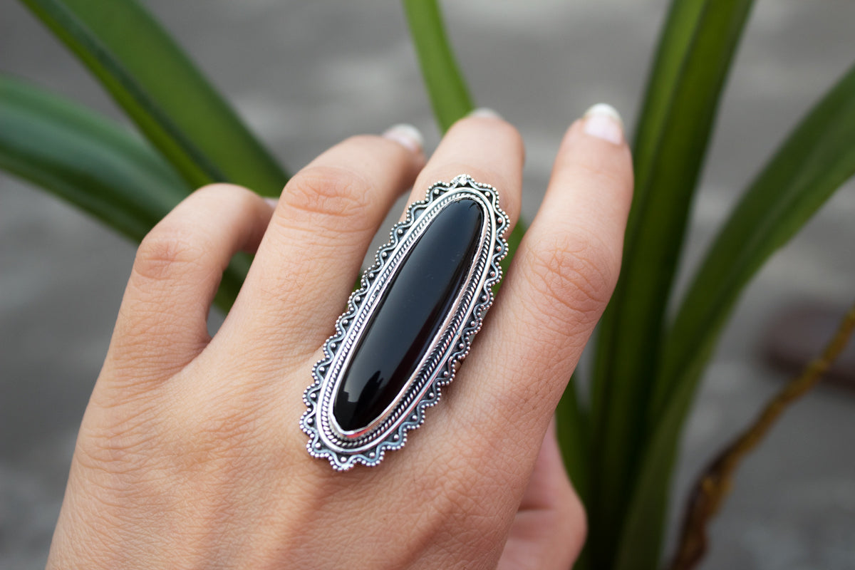 Long Oval Black Onyx Ring 925 Sterling Silver, Statement Ring, AR-1015
