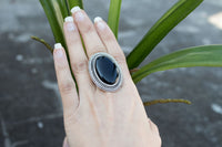 Anillo de cóctel de piedras preciosas de ónix negro ovalado, AR-1046