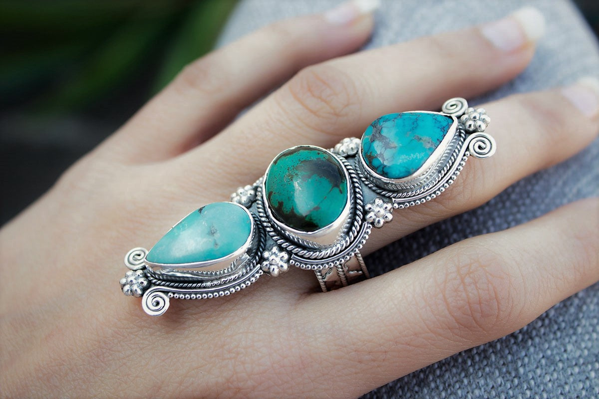 Anillo turquesa natural, anillo de plata esterlina turquesa, anillo de banda ancha, Boho, anillo hecho a mano, joyería turquesa AR-1090