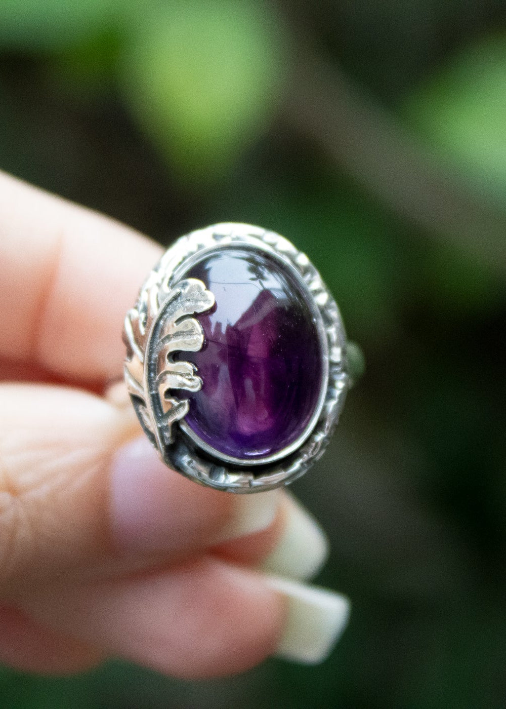 Oval Amethyst Ring with Oak Leaf, AR-6559