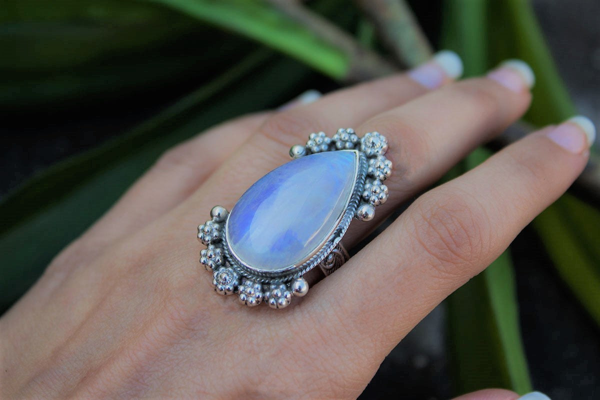 Pear Shape Moonstone Gemstone 925 Sterling Silver Statement Ring, Fertility Ring AR-1098