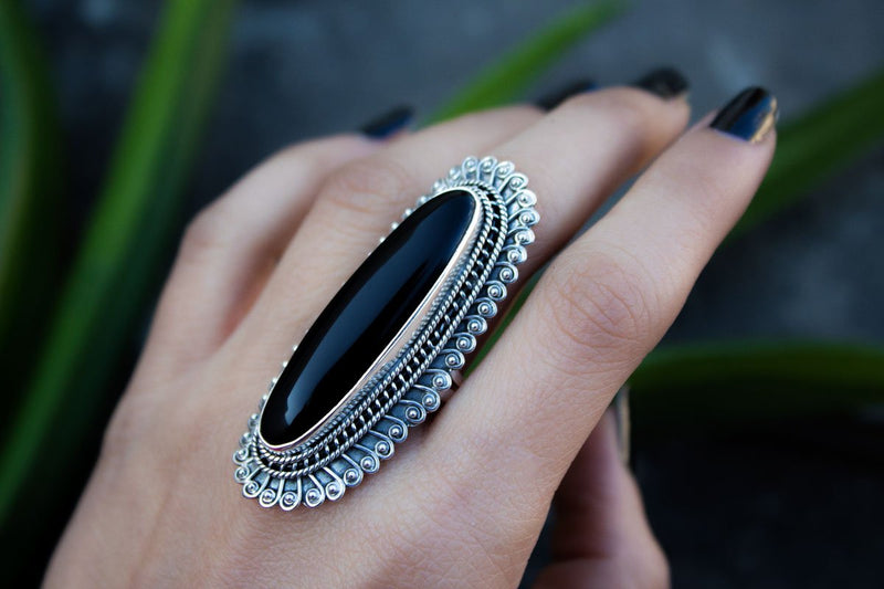 Artisan Long Black Onyx Gemstone Ring, Boho Ring, AR-1017 - Its Ambra