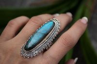 Long Oval Blue Flash Labradorite Gemstone Ring, Southwestern Style, AR-1209
