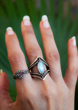 Dual Chevron Band Marquise Shaped Moonstone Ring AR-2041 - Its Ambra