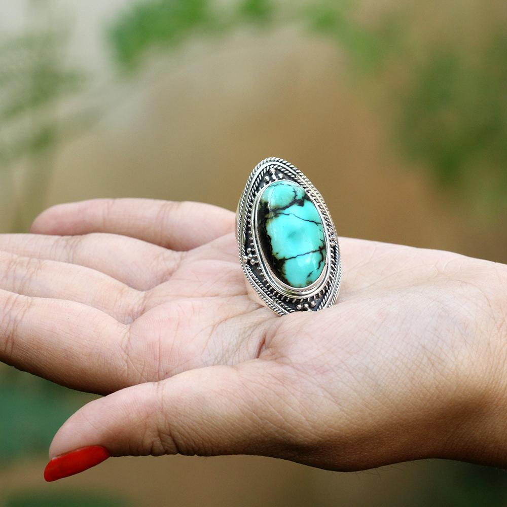 Natural Turquoise Ring, Turquoise Sterling Silver Ring, Patterned Band Ring, Boho, Handmade Ring, Turquoise Jewelry, December Birthstone Ring, Cocktail Ring AR-1084 - Its Ambra