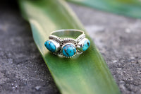 Three Stone Blue Copper Turquoise Sterling Silver Band Ring, AR-1138
