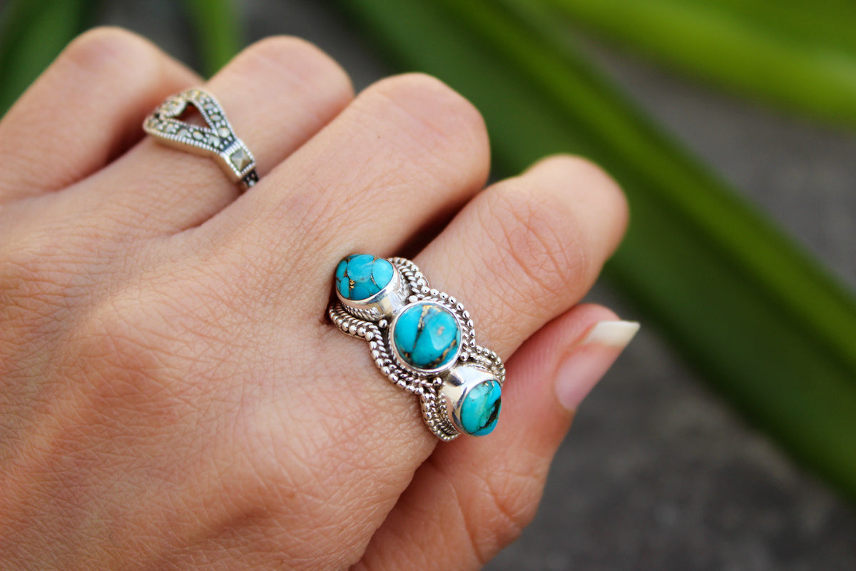 Three Stone Blue Copper Turquoise Sterling Silver Band Ring, AR-1138