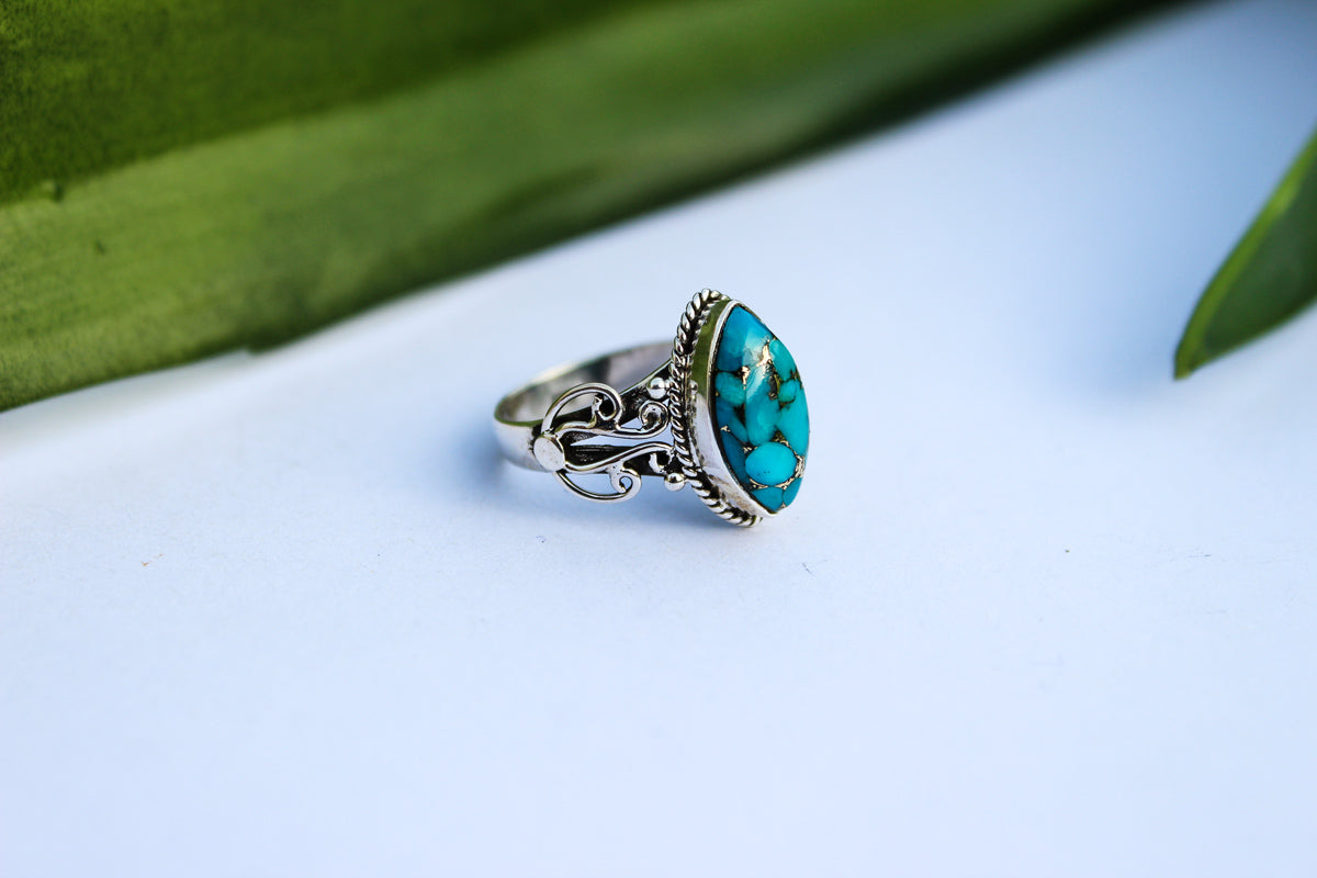 Marquise Shape Blue Copper Turquoise Sterling Silver Ring, AR-1079
