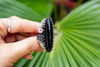 Black Onyx and Pink Tourmaline Flower and Leaf Ring AR-2047 - Its Ambra