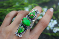 Anillo turquesa, anillo de plata de ley turquesa de cobre verde, anillo turquesa Mohave, anillo hecho a mano, joyería turquesa, anillo bohemio, anillo bohemio AR-1091
