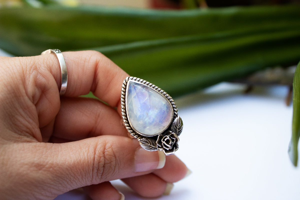 Handmade Pear Shaped Moonstone Flower Ring AR-2055 - Its Ambra