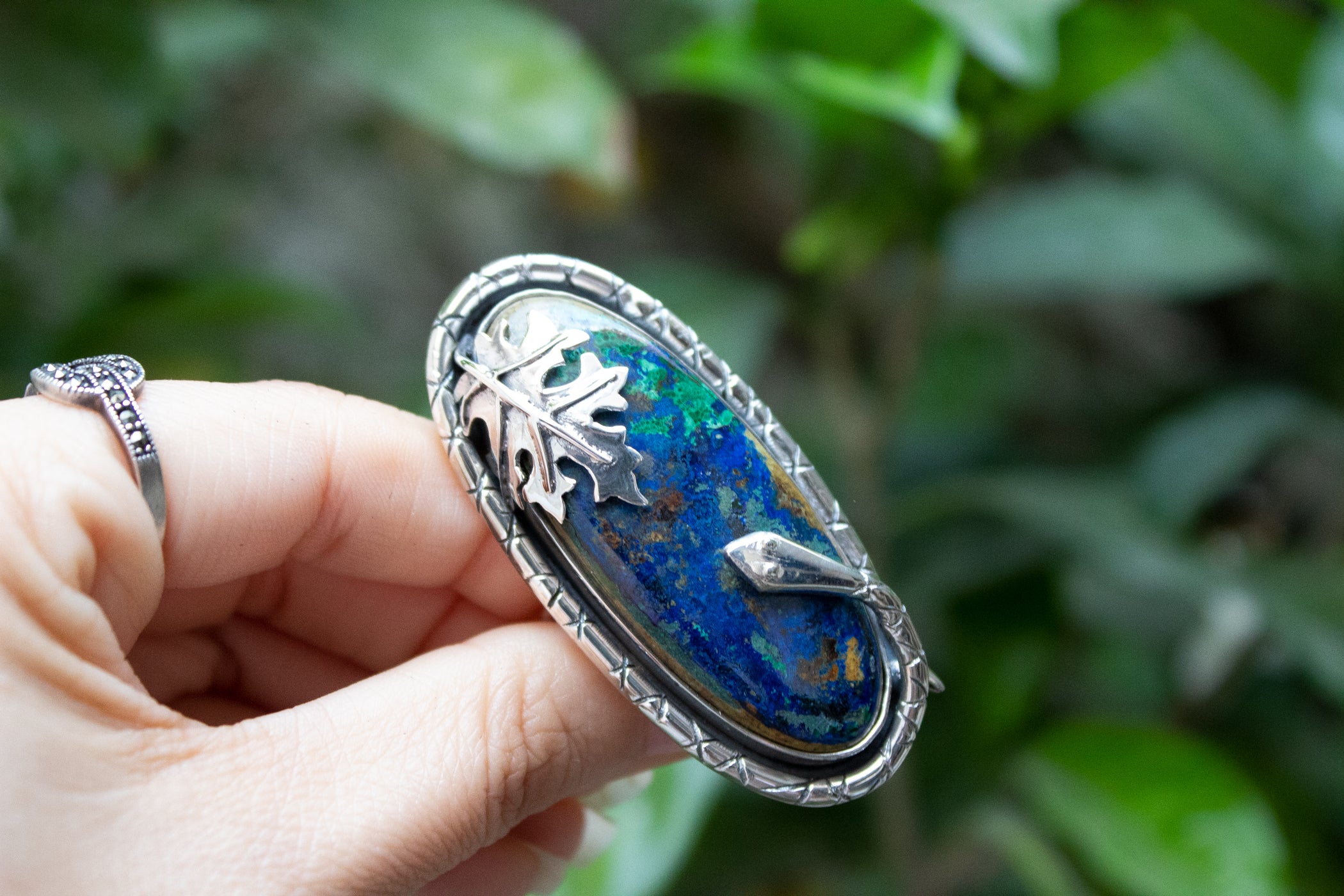 Bague Azurite Malachite avec Feuille de Ch ne et Serpent AR 6643