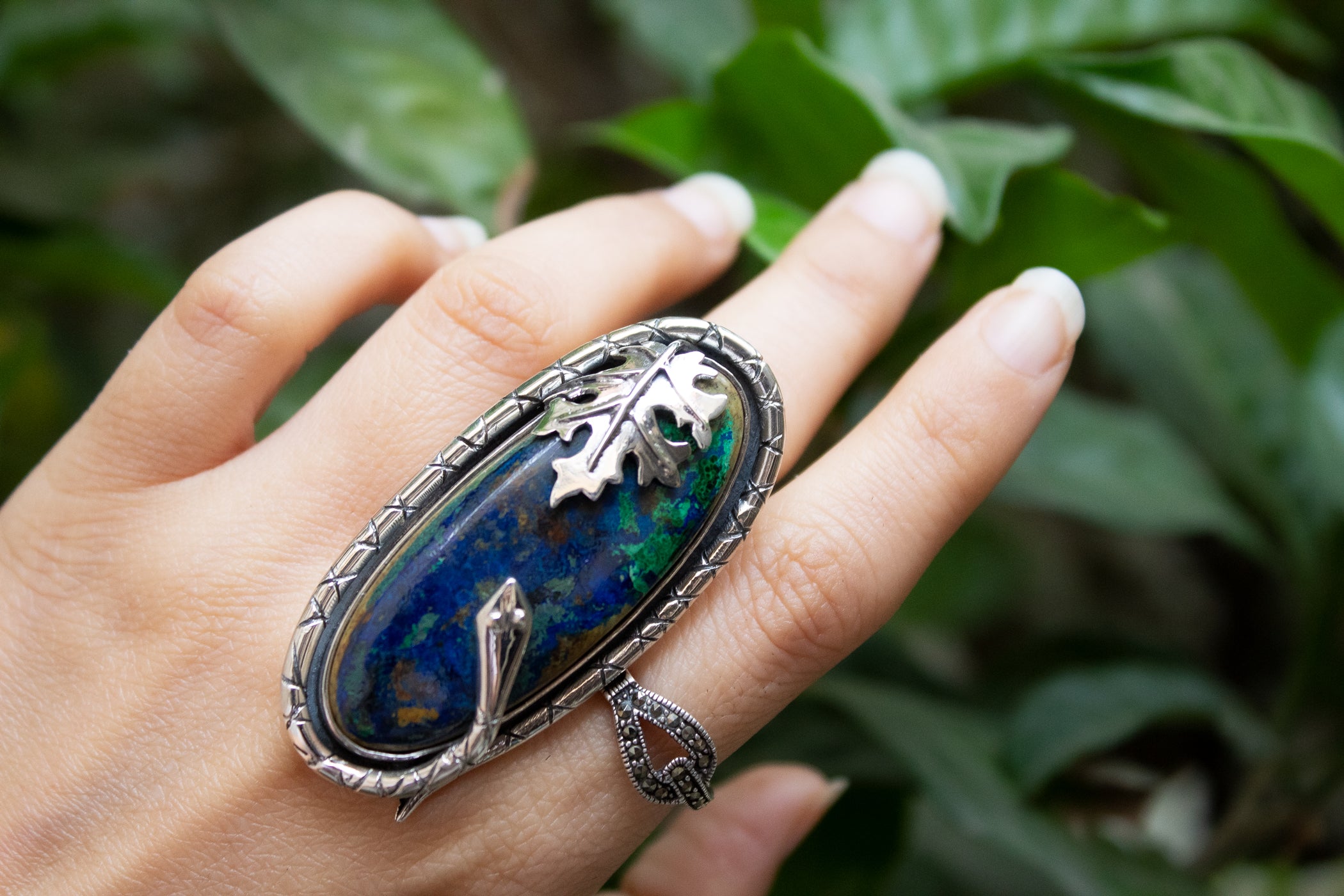 Bague Azurite Malachite avec Feuille de Ch ne et Serpent AR 6643