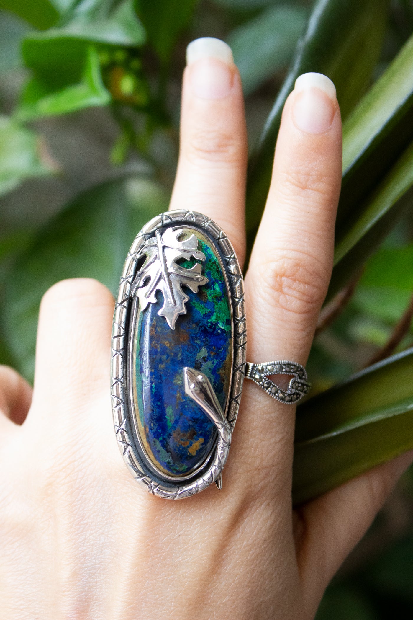 Bague Azurite Malachite avec Feuille de Ch ne et Serpent AR 6643