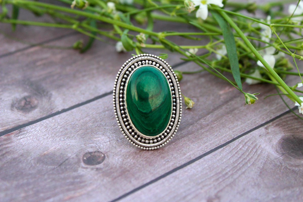 Statement Oval Shape Sterling Silver Malachite Ring, Green Stone Ring, AR-2014