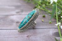 Long Oval Blue Copper Turquoise Sterling Silver Ring, Statement Ring, AR-1233