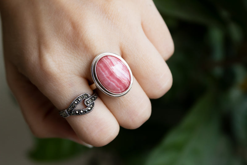 Rhodochrosite Ring Sterling Silver, Natural Pale Pink Stone Oval Shape SKU 6048