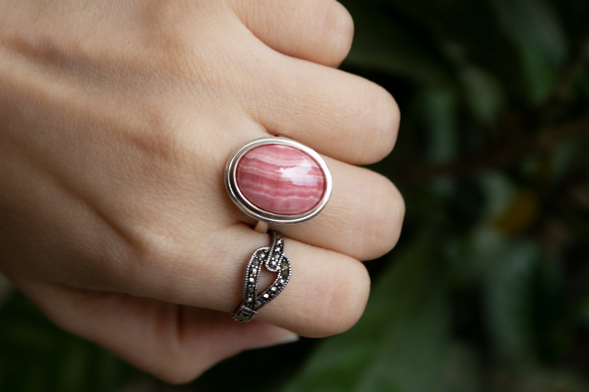 Rhodochrosite Ring Sterling Silver, Natural Pale Pink Stone Oval Shape SKU 6048