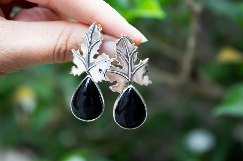 Black Onyx Oak Leaf Earrings AE-6648